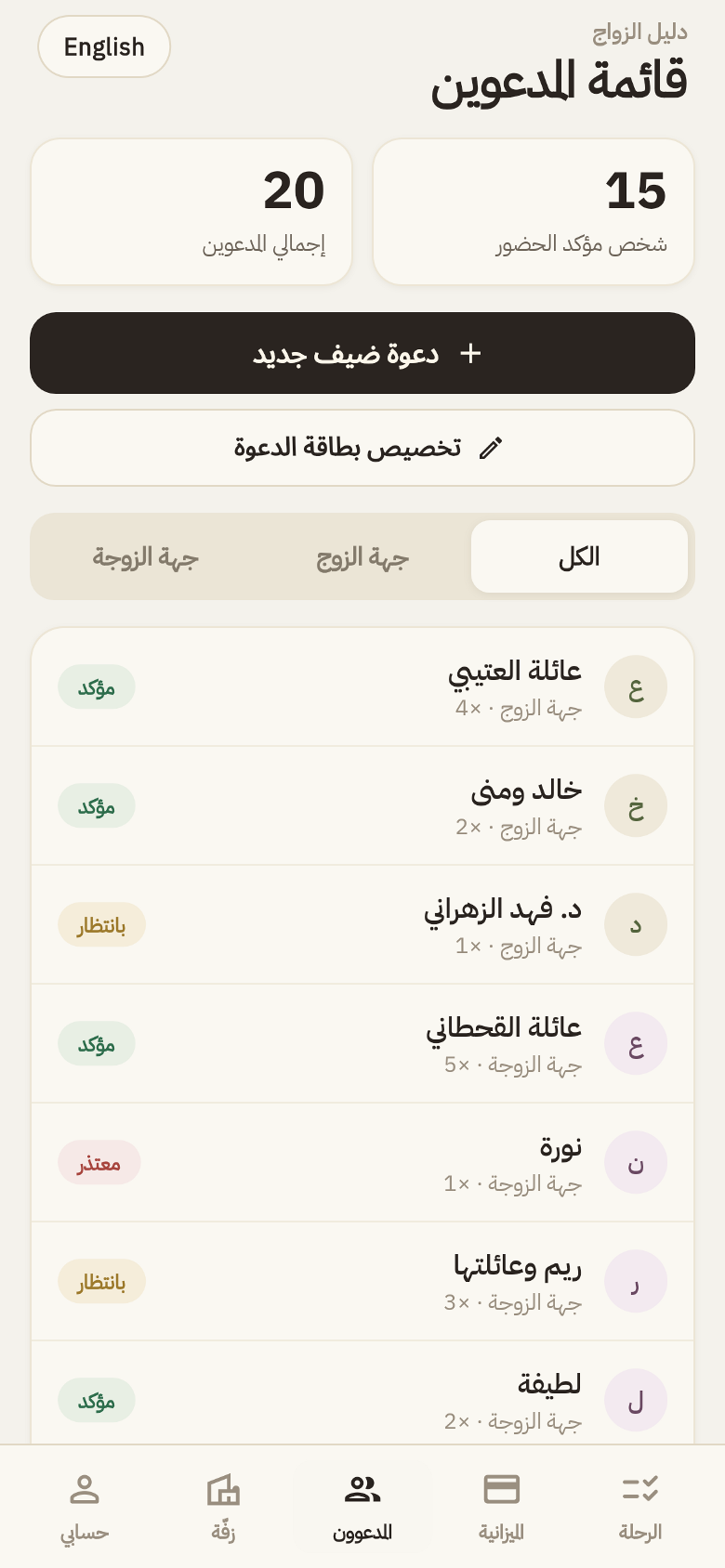 شاشة المدعوين، قائمة الضيوف من الجهتين مع حالة تأكيد الحضور