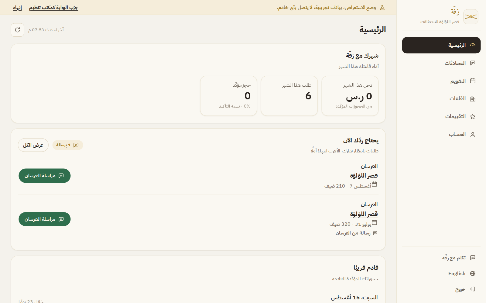 لوحة الرئيسية في بوابة مقدّم الخدمة: مؤشرات الشهر والطلبات التي تنتظر الرد